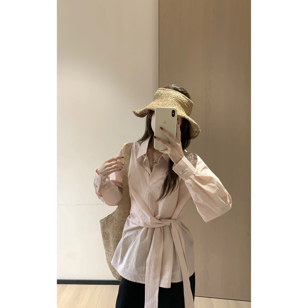 韩11气质通勤侧边系带收腰衬衫女韩系设计感百搭显瘦翻领长袖衬衣