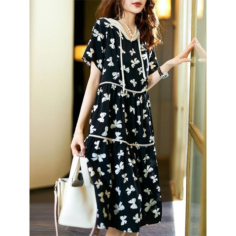 法式复古蝴蝶结印花连帽连衣裙2025夏新款时尚洋气韩版宽松型裙子