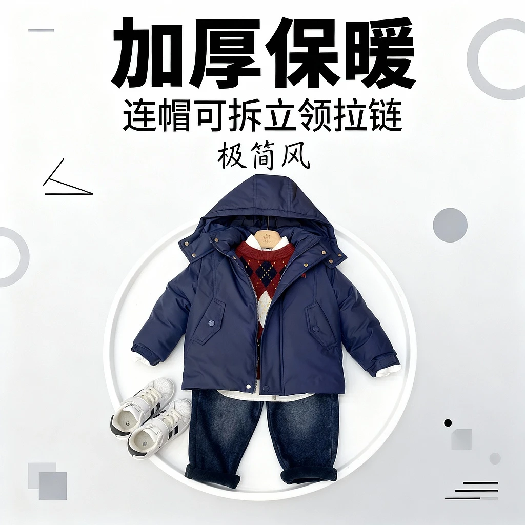 儿童防寒服宝宝连帽外套男童冬季棉衣加厚中大童棉服上衣帽子可拆