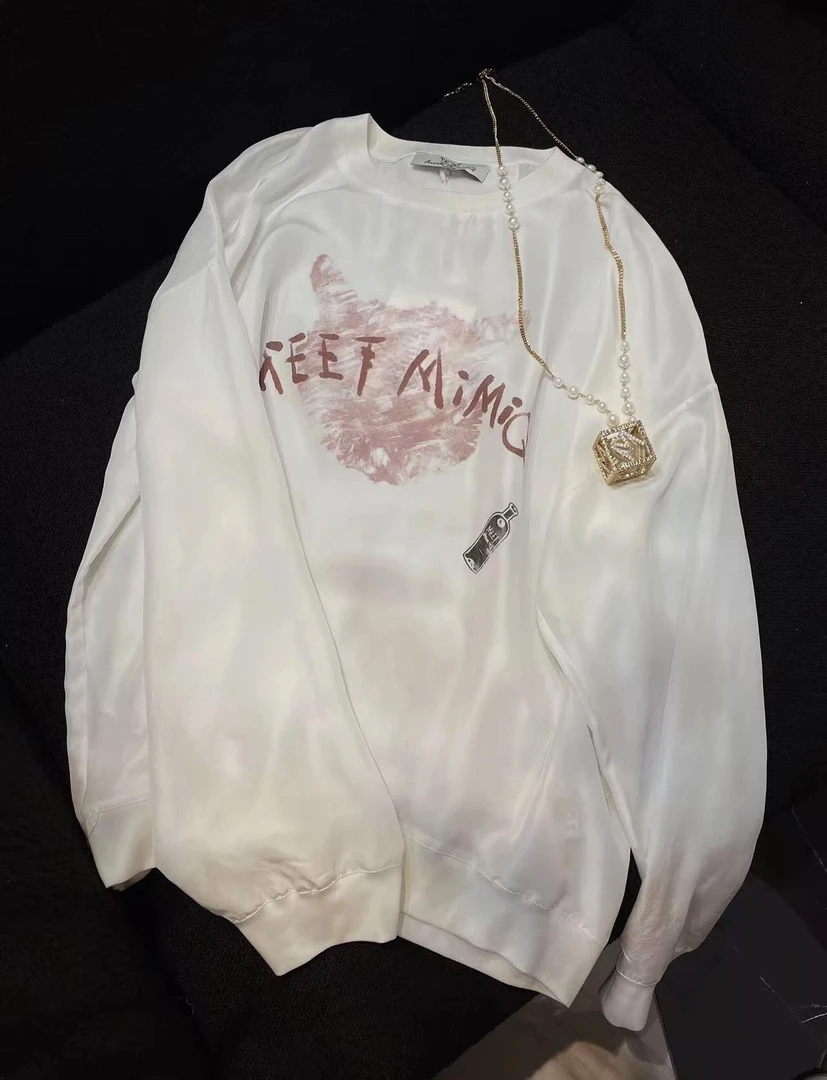 现货秒发MMQ桑蚕丝圆领怪兽印花长袖T恤衬衫