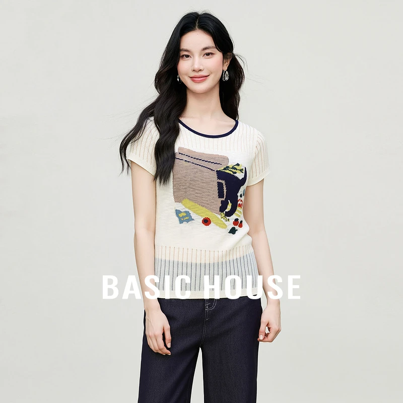 Basic House/百家好趣味猫咪印花短袖针织衫夏季流行撞色镂空上衣