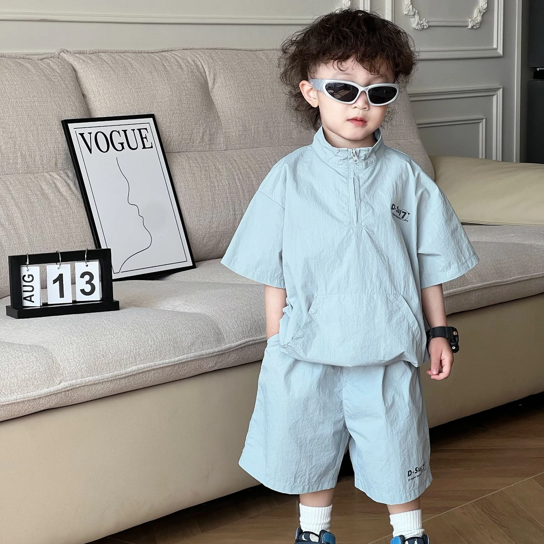 韩版ins儿童立领防晒男女童夏装套装速干皮肤衣短裤两件套时尚