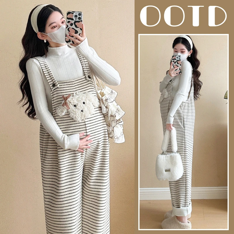 孕妇背带裤秋冬加绒加厚条纹休闲阔腿裤显瘦舒适冬季外穿宽松时尚
