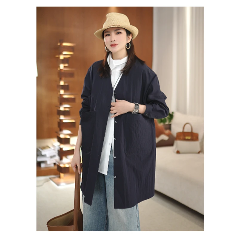 【春季穿搭】时尚高级感衬衣V领宽松休闲中长款衬衫女上衣D25030