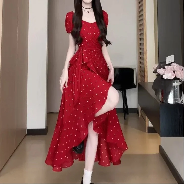 红色波点花裙肌理感不规则裙摆A字裙短袖连衣裙大码胖mm显瘦裙子