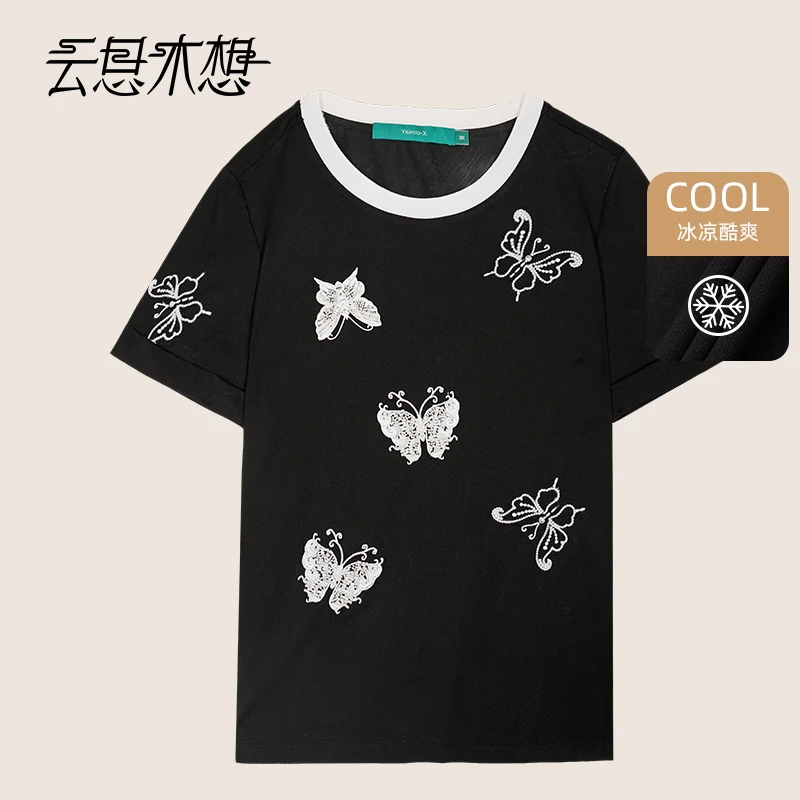 Ysimo-X云思木想 白梦云蝶 时尚优雅珠绣撞色罗纹圆领棉T恤12858