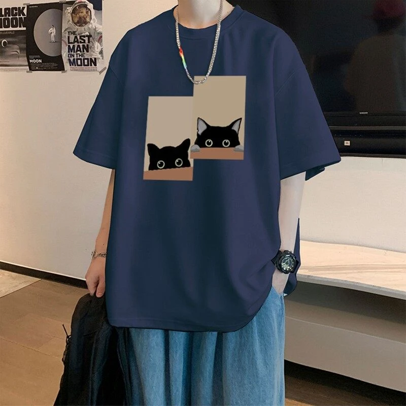 元赫重磅纯棉休闲短袖T恤男春夏季小猫大码印花半袖百搭痞帅上衣