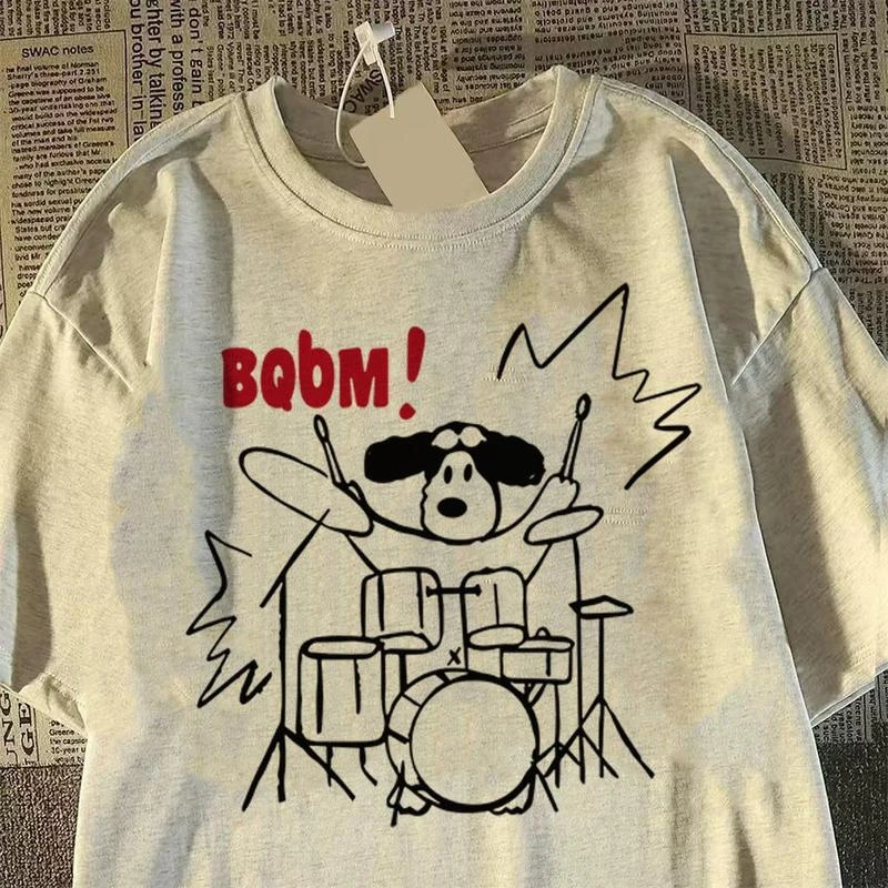 特大码T恤复古趣味鼓手夏季胖mm遮肉显瘦短袖男女情侣正肩上衣潮