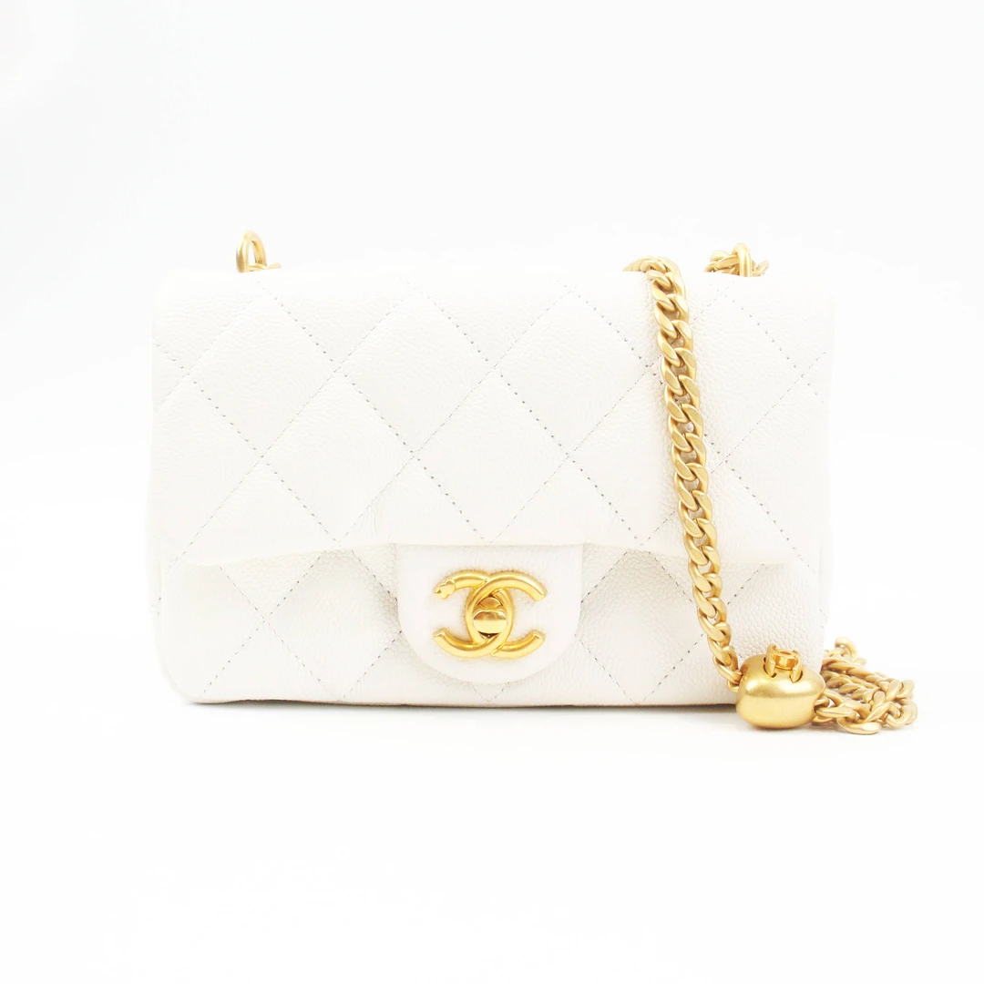 95新 Chanel/香奈儿 75039B23P白色金扣荔枝皮CF爱心金球斜挎包