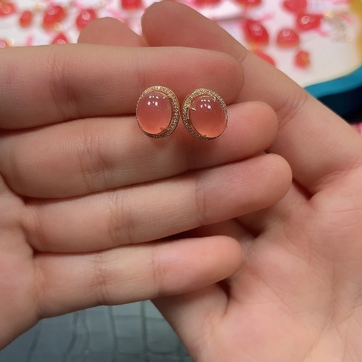 菱锰矿（红纹石）18K金镶嵌耳钉蛋面耳钉