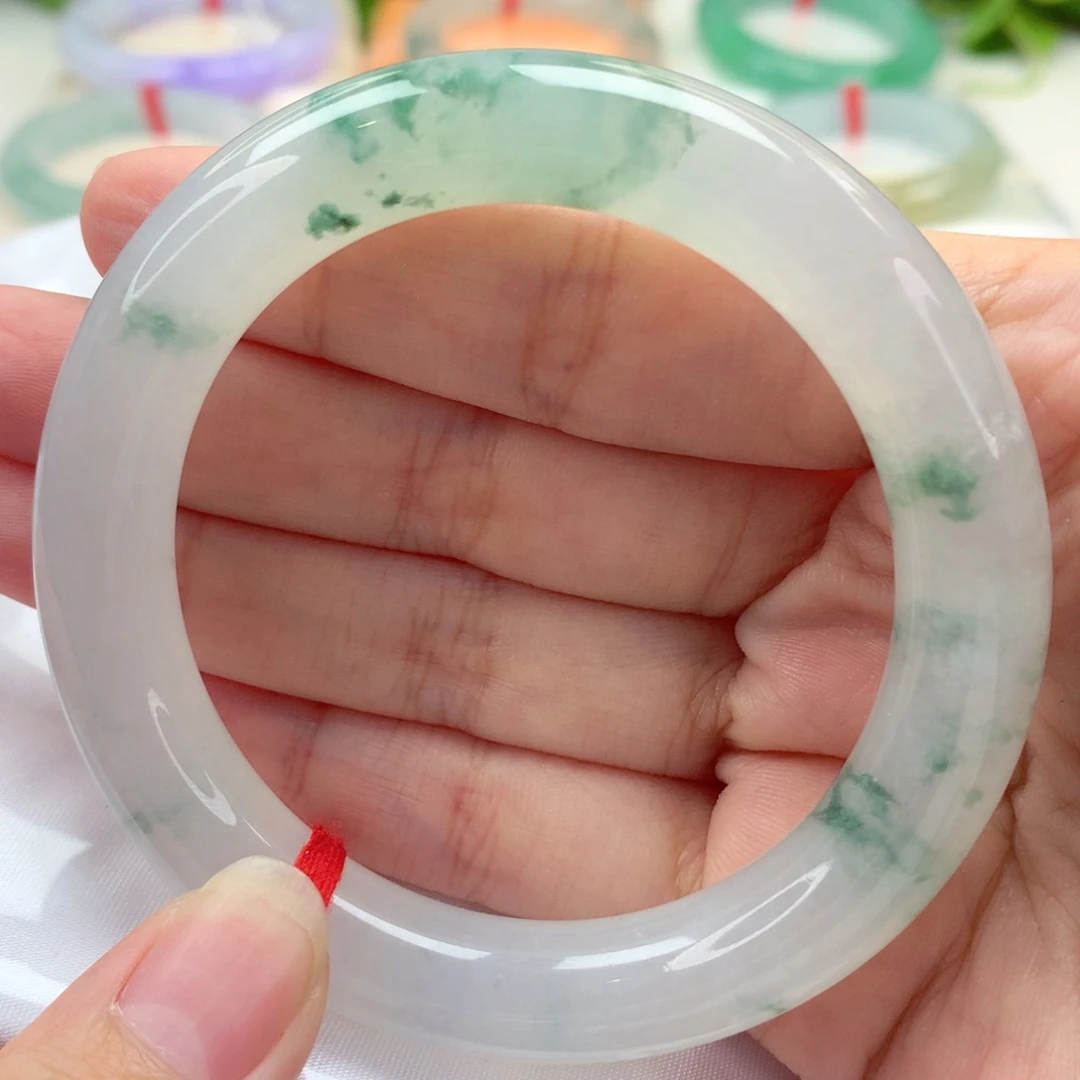 未镶嵌手镯（圆镯）翡翠54.7白冰绿花 灵动 起光 喵喵