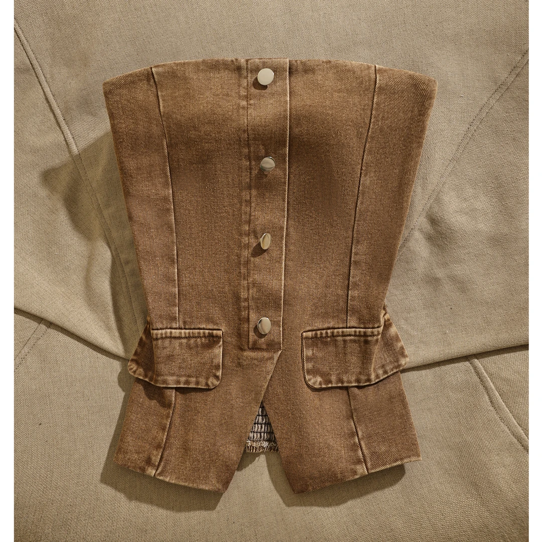 美式复古排扣牛仔抹胸上衣女修身显瘦外穿背心性感文艺复古简约