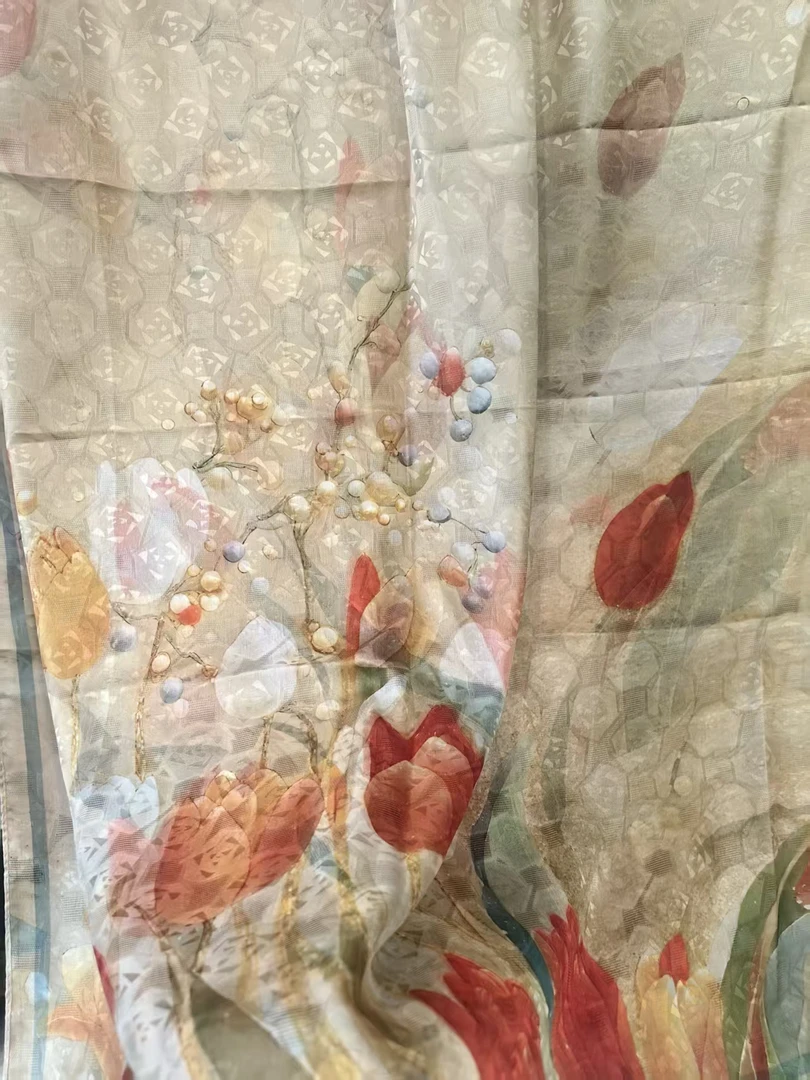 【郁金香】 手工卷边烧花国风双面70*180方巾