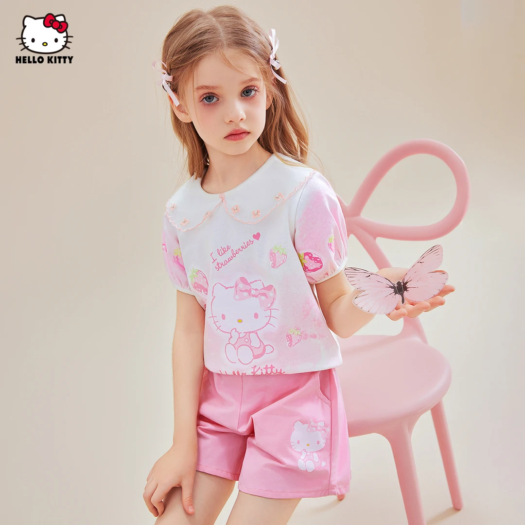 女童夏季套装2025新款中大童装凯蒂猫花边翻领短袖短裤两件套