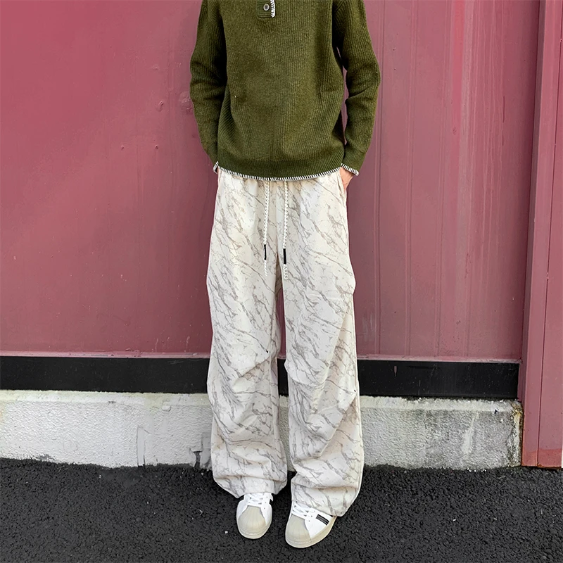 扎染灯芯绒卫裤男士秋冬2025新款宽松垂感直筒裤阔腿休闲长裤子