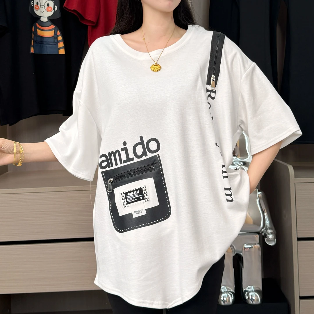 2025年新款不规则口袋拉链字母印花夏季情侣宽松显瘦短袖T恤