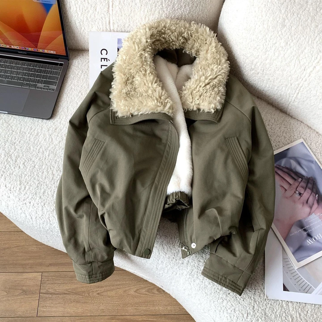 【全身加绒】欧货仿羊羔毛翻领短款加绒加厚派克服外套女2025冬棉服