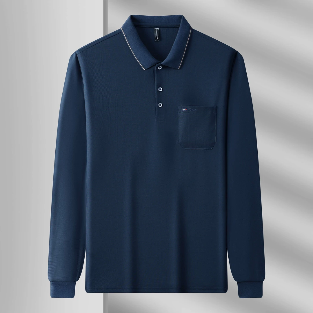 秋冬季新款口袋宽松中年polo衫日常T恤商务衬衫翻领长袖男装