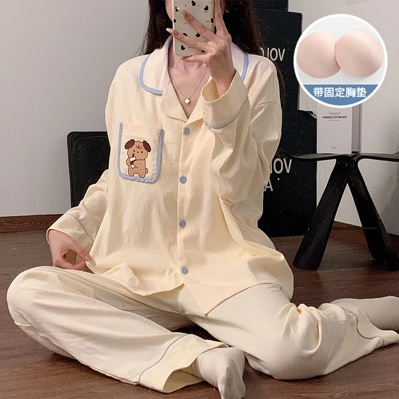 2025年春秋新款带胸垫睡衣女梭织云朵棉开衫甜美长袖家居服套装