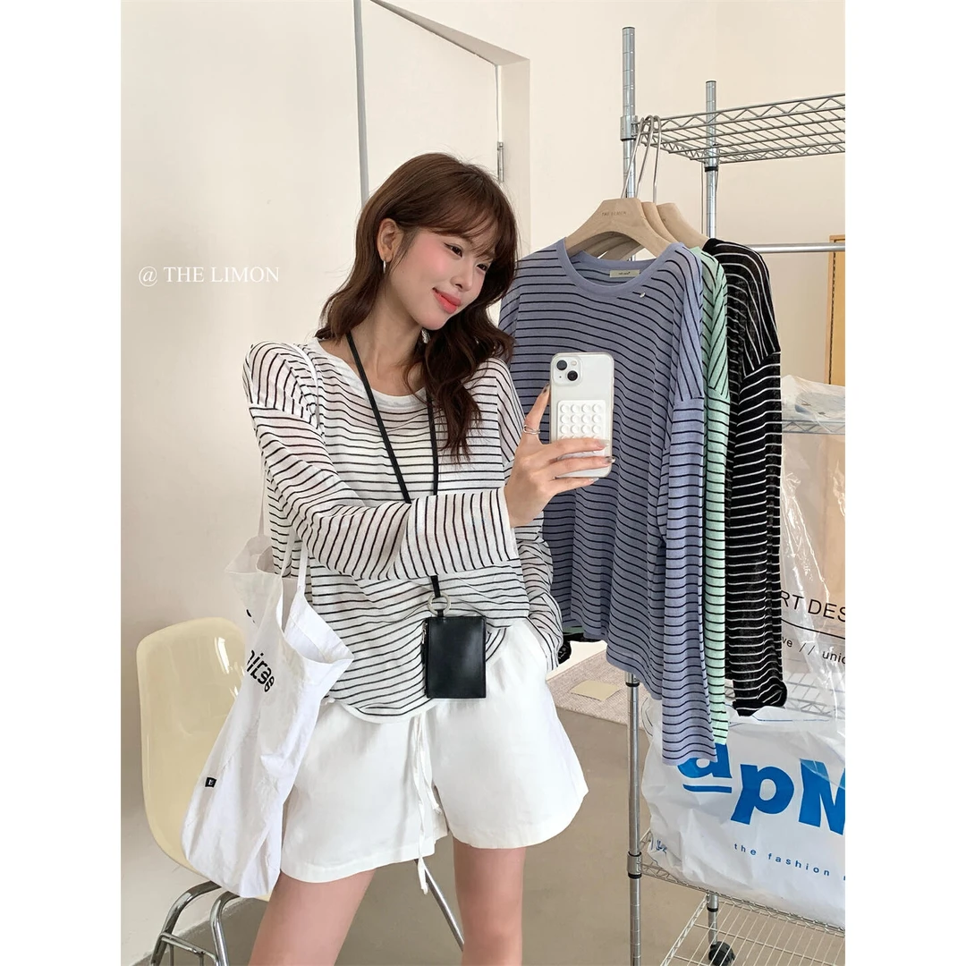 THELIMON柠檬绿茶天丝亚麻上衣百搭条纹圆领长袖针织衫女小个子