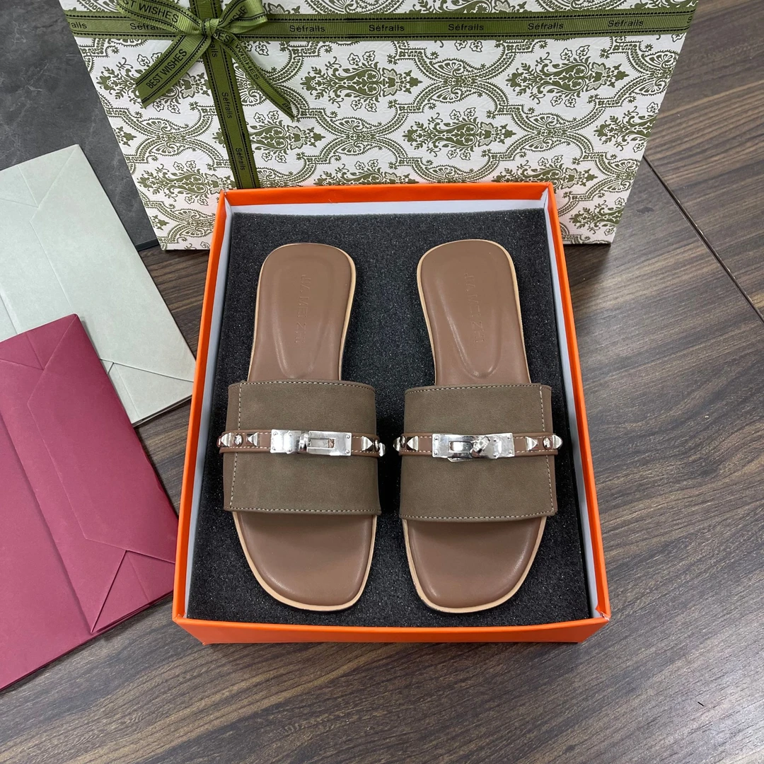 【铆钉款】真皮小香风金属扣铆钉拖鞋女外穿一脚蹬平底露趾凉拖鞋女