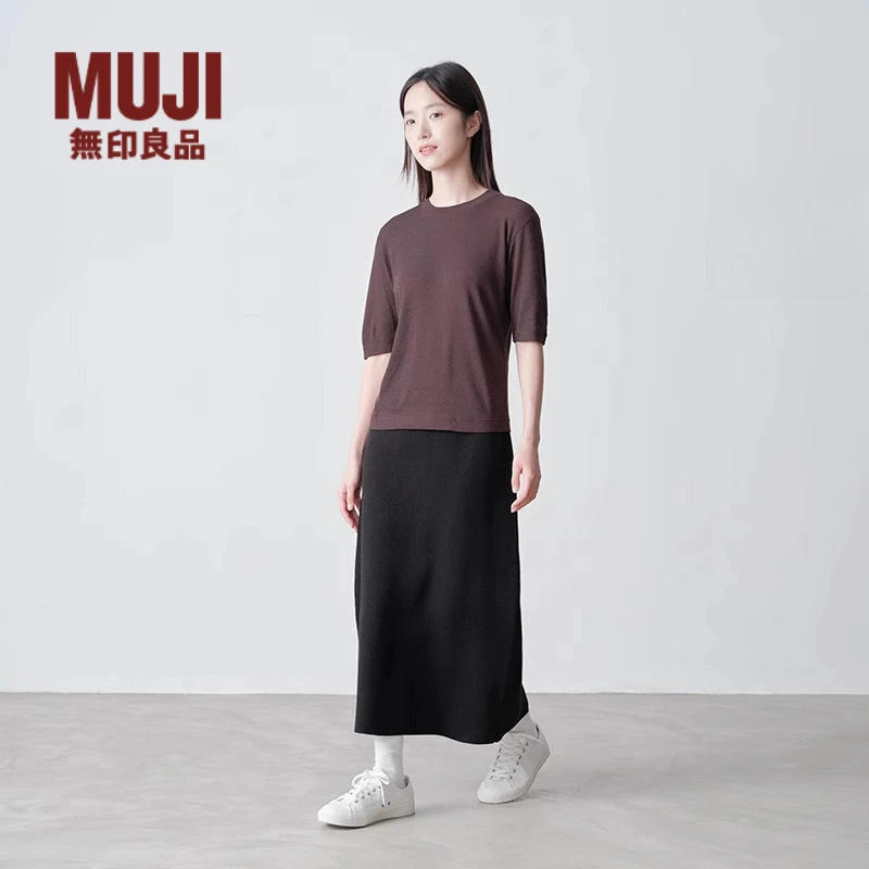无印良品 MUJI 女式使用大豆纤维罗纹编织圆领五分袖T恤都市假日
