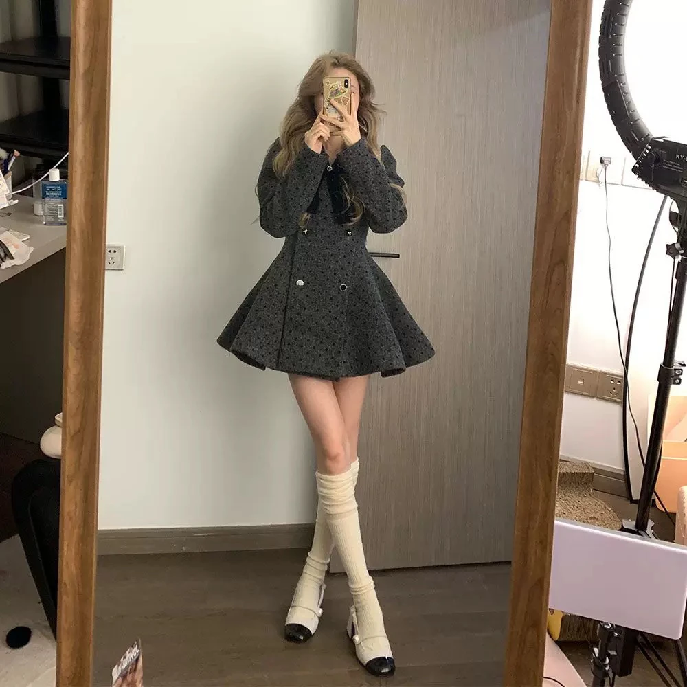 清清价【柏林少女 】冬季单面呢夹棉灰色爱心波点公主裙