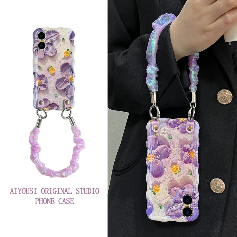 轻奢风紫油画花朵手绳适用iPhone16pro手机壳苹果15pro蓝光14新13