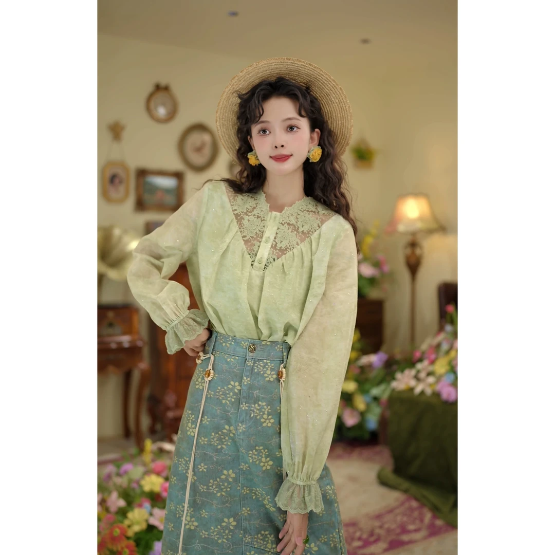 扣子家【青池】港风复古拼蕾丝衬衫欧若风春季新款衬衣KM1977019