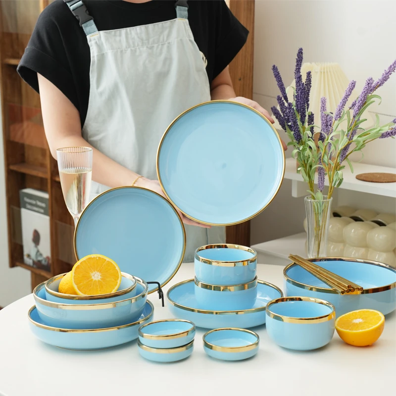 欧式ins风轻奢碗碟套装金边蓝色陶瓷米饭碗汤碗菜盘子商用西餐具