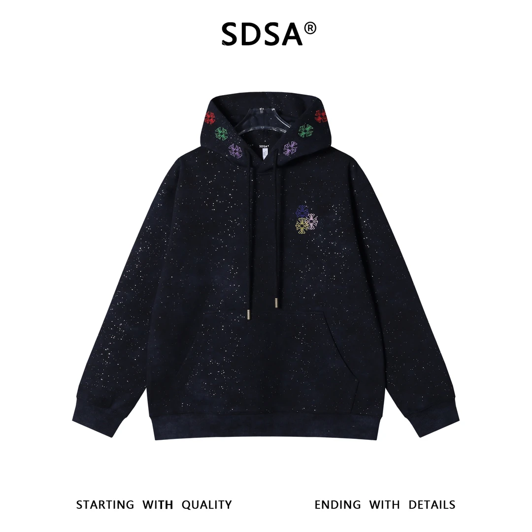 SDSA秋冬新款痞帅男装潮牌扎染满天星刺绣十字抽绳连帽卫衣百搭