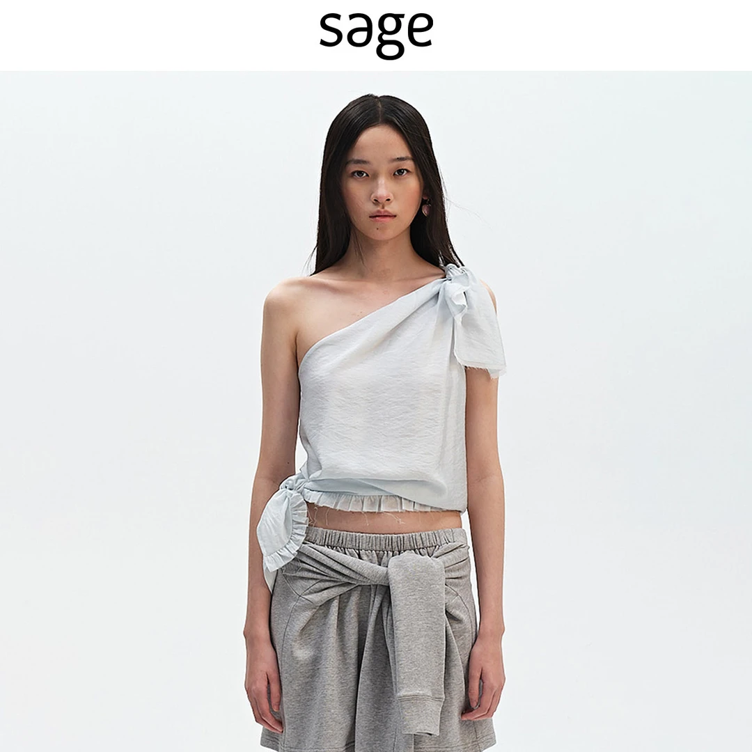 sagestudio 迷雾淡蓝小碎花边单肩绑带上衣