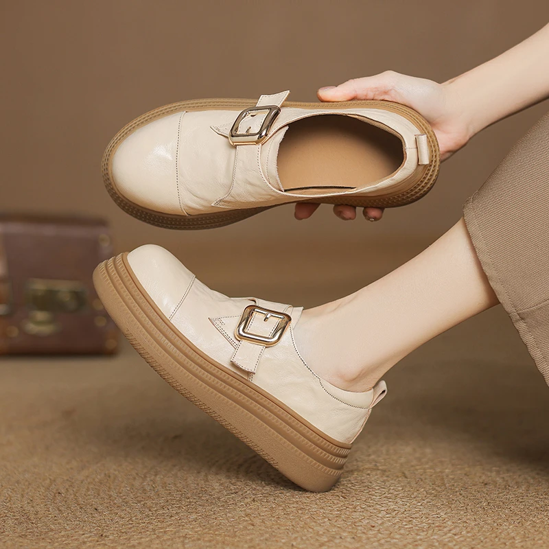 羊皮/跟高5cm/春秋时尚百搭真皮软底复古厚底英伦风舒适妈妈单鞋