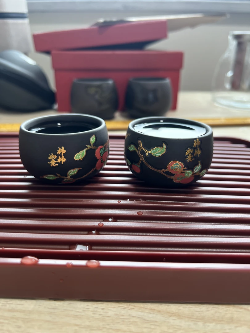 遇热变色柿柿如意吉祥杯/主人杯客杯家用国潮对杯家用陶瓷茶具