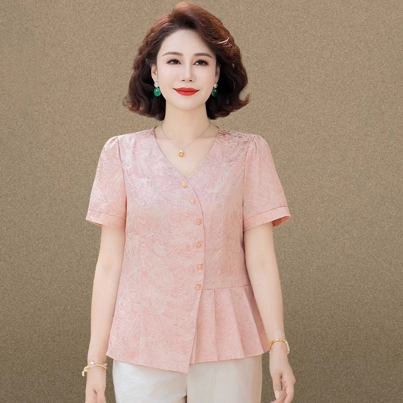 中年妈妈夏装套装洋气国风小衫2025新款中老年夏季短袖T恤上衣女