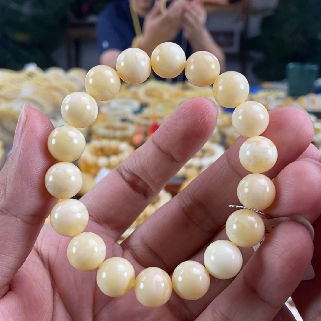 琥珀未镶嵌珠宝奇石11浓白妖花蜡手串13.94