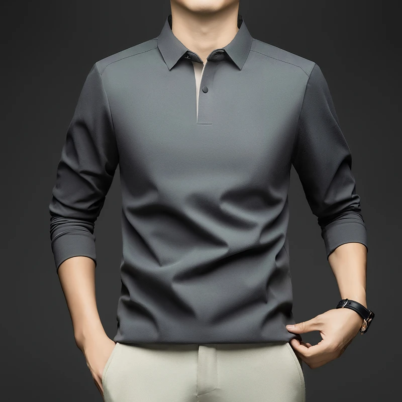 锦氨无痕长袖polo衫男士春秋翻领上衣中年爸爸装高端商务纯色T恤