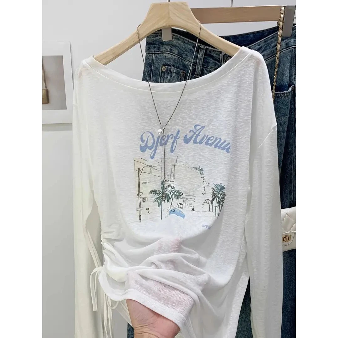 设计感斜肩长袖防晒T恤女白色新款透气舒适不对称套头宽松薄上衣