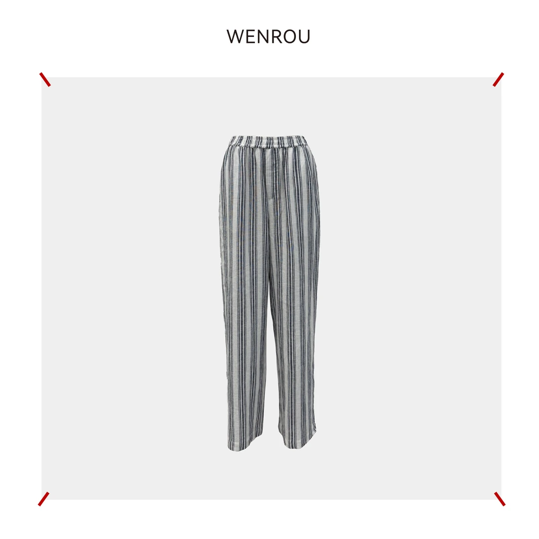 温柔自知 条纹 亚麻 薄款 直筒裤 休闲裤PT025