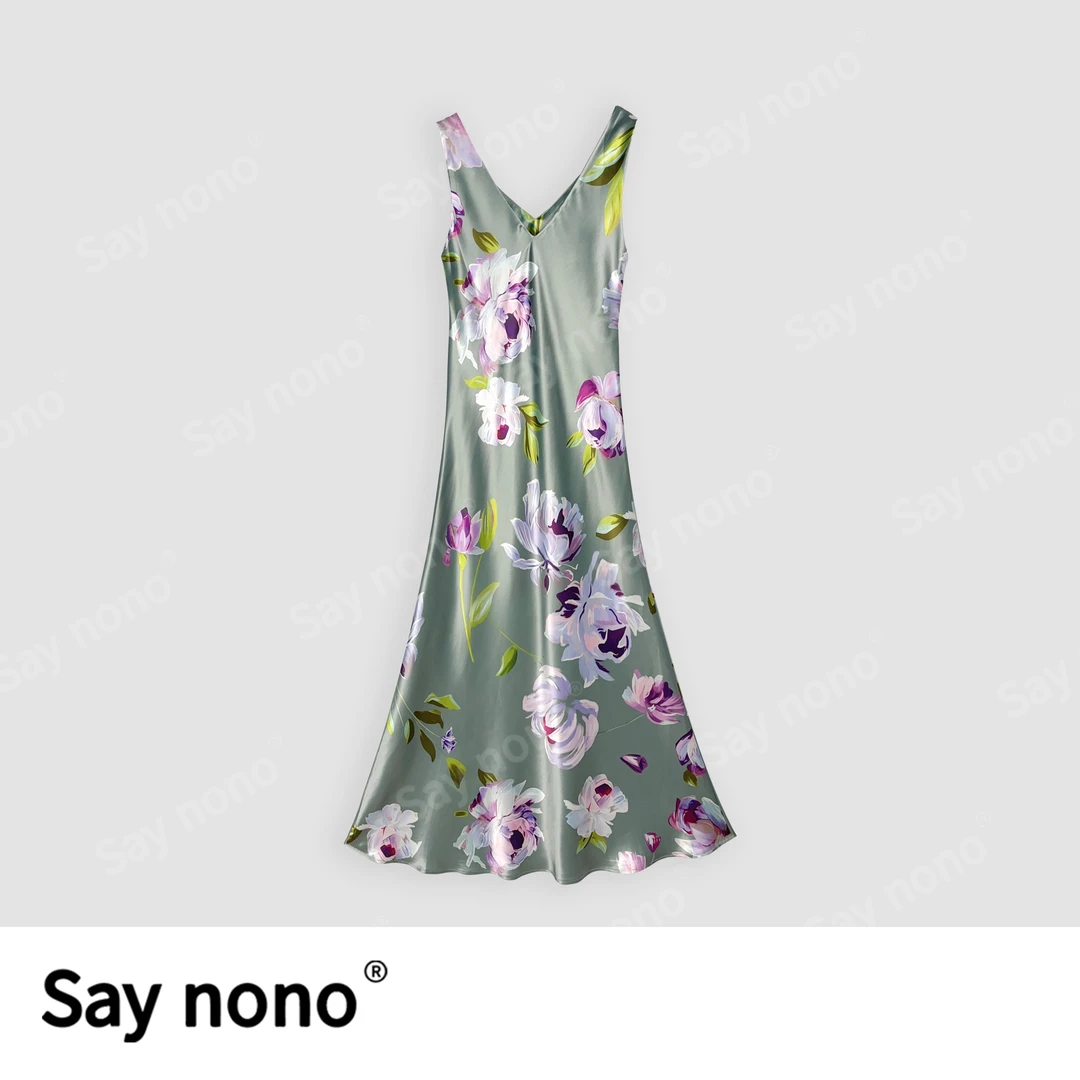 懒猫nono│Saynono夏季印花醋酸V领吊带显瘦高级长款连衣裙H25086X