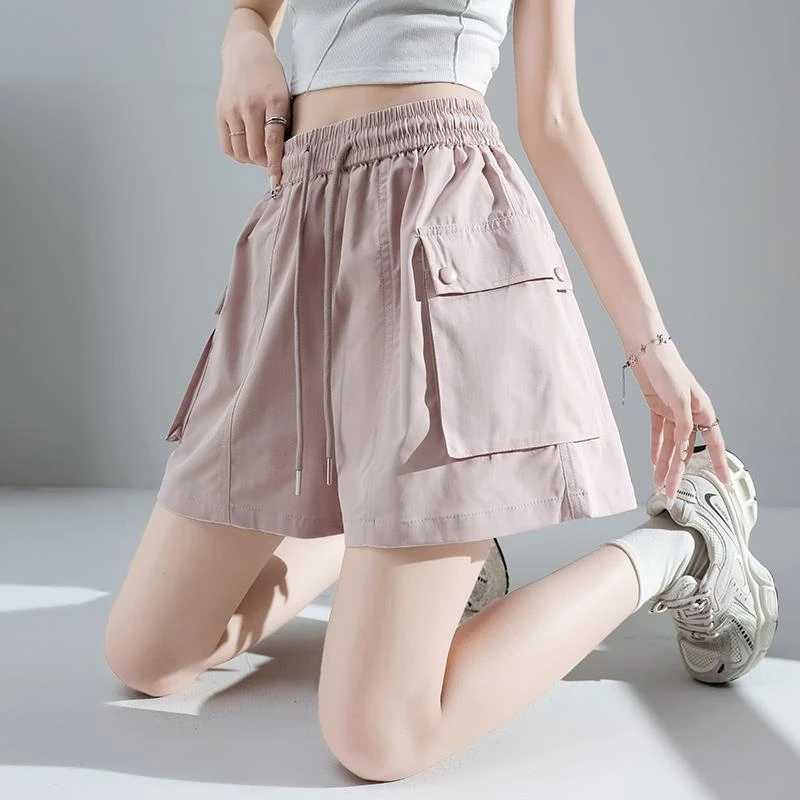 粉色速干阔腿工装短裤女2025年夏季薄款松紧腰宽松显瘦冰丝五分裤