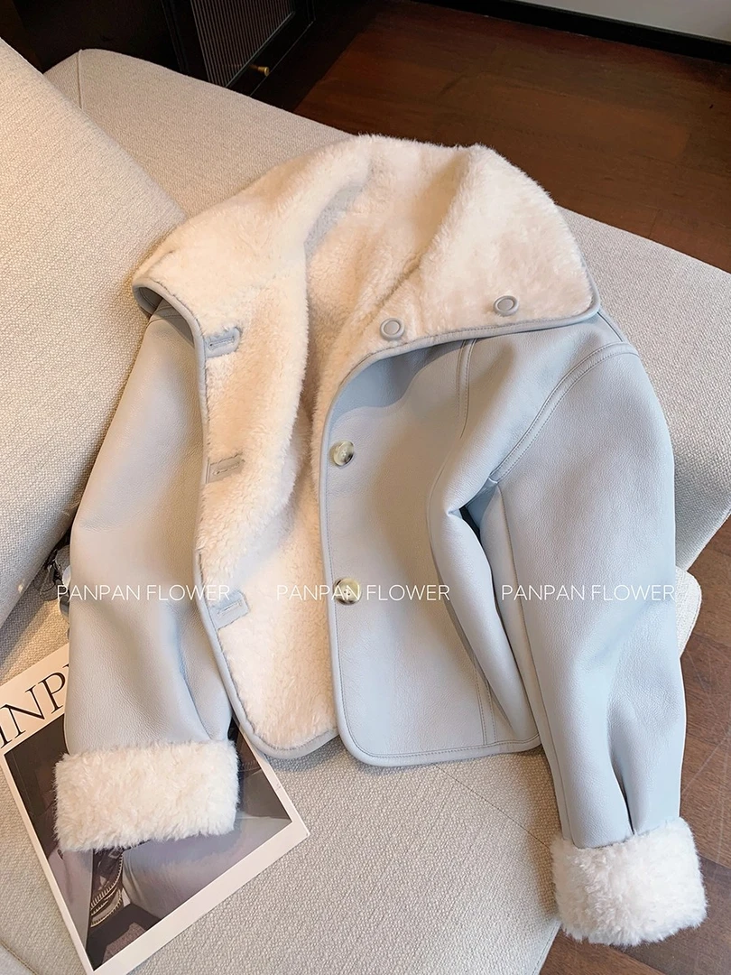 2025秋冬新款爆款加厚baby蓝休闲女装宽松翻领高级感皮衣外套上衣