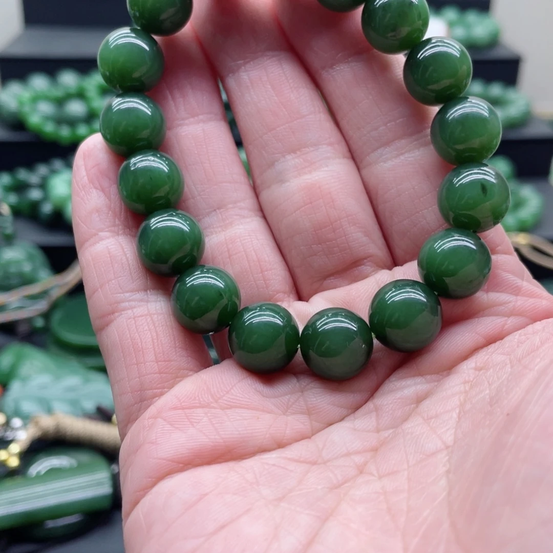和田玉（碧玉）未镶嵌手链12mm肉猫菠菜绿