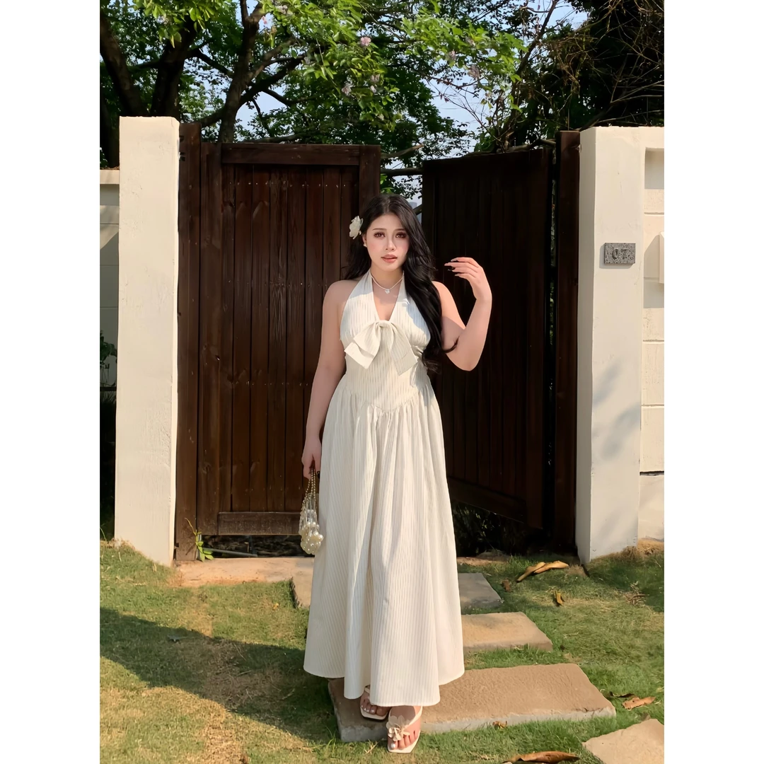 【PPEIQI】"时空恋人"微胖v领蝴蝶结挂脖收腰气质款背心连衣长裙