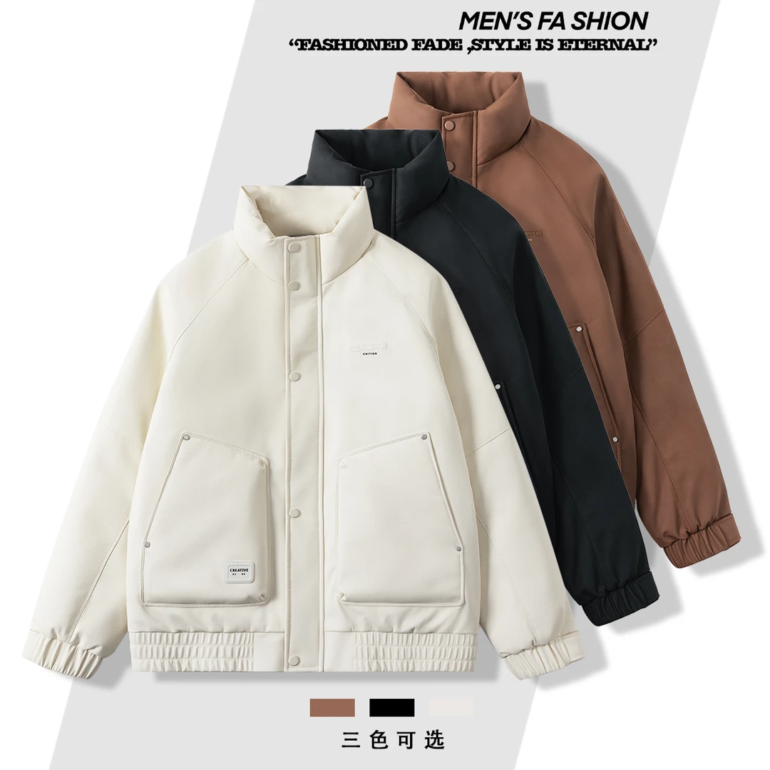 【洛奇服饰】90白鸭绒羽绒服韩版立领皮感男士羽绒服外套511