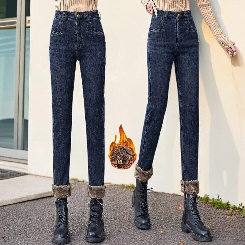 牛仔裤加绒女裤子冬季2025年新款高腰显瘦铅笔长裤加厚修身小脚裤