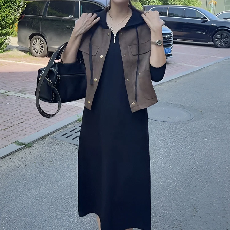 慵懒风连帽卫衣裙套装2025春秋新款盐系复古休闲马甲连衣裙两件套