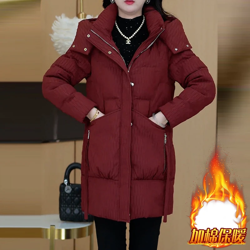 中长款连帽加厚棉服女士2025年冬季新款洋气修身显瘦保暖棉衣外套