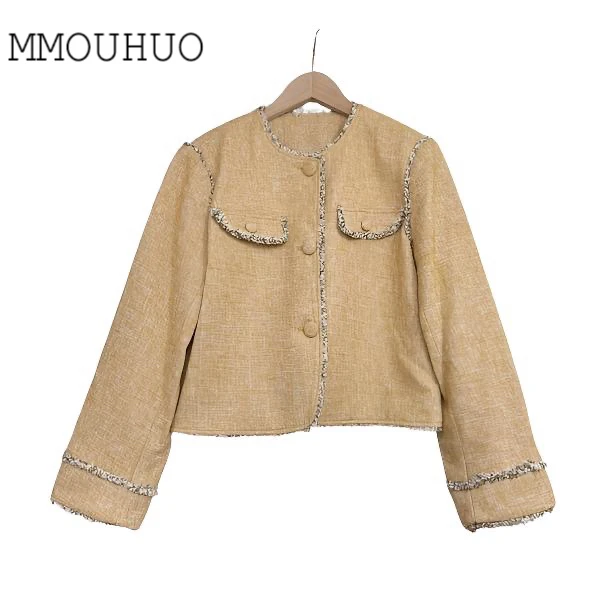 深圳MMOUHUO新款小香风圆领毛边单排扣外套