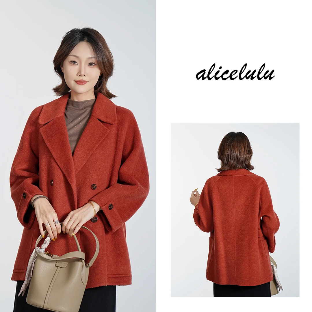 4alicelulu 复古英伦风翻领纯色大口袋软糯毛呢大衣 S2144780T